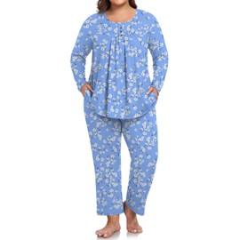 POPYOUNG Womens Plus Size Pajama Button Down Sets Lounge Outfits Long Sleeve Sleepwear 2 Piece Pjs with Pockets L-5XL 3XL,White Floral-Blue