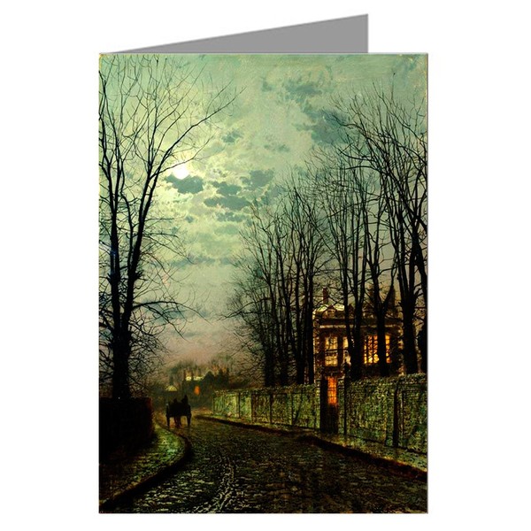 Single Vintage Greeting Card of John Atkinson Grimshaw Victorian Painting of London Street Scene Titled A Wintry Moon-1886