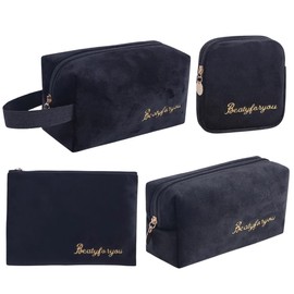 Hiro World Trade Makeup Pouch, 4-piece Set, Velour Material, Cute Makeup Pouch, Women's Cosmetic Pouch, Black