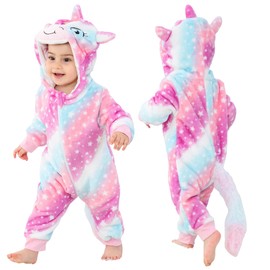 MICHLEY Unisex Baby Boy Girl Hooded Romper Winter Animal Cosplay Jumpsuit Outfits, Unicorn, 6-12months, Size 80