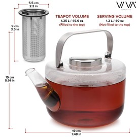 Viva Bjorn Borosilicate Glass Tea Pot for Stovetop with Loose Leaf Tea Infuser Mesh - 40 ounce/1.18 Liter - Modern Teapot Features Stainless Steel Handle and Vented Lid, Tea Maker for Blooming