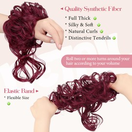 FeidyLong 2PCS Messy Bun Hair Piece Tousled Updo with Tendrils Wavy Curly Hair Bun Scrunchies Ponytail Extension Elastic Band Hairpieces For Women (Wine Red)