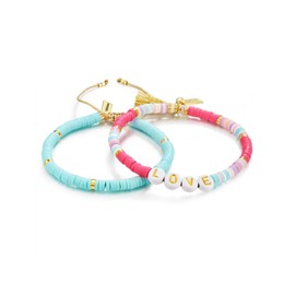 Yokoamii Women's Set of 2 Stainless Steel Yellow Gold-Plated 14 Carat Heishi Beads Pink Turquoise White Love Pearl Bracelet
