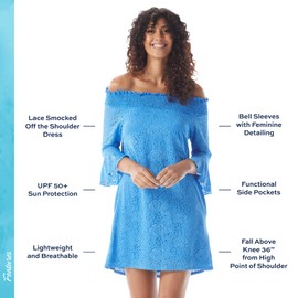 BEACH HOUSE Style Kelsea UPF 50+ - Vestido de punto fruncido con hombros descubiertos y bolsillos, Crochet Soleil Paradise Peri, L