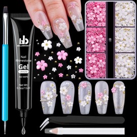 3D Flowers, Manicure Kit with Gel Glue, White Pink Acrylic Flower Nail Charms with Caviar Beads, Rhinestones + Gem Glue for Nails (UV/LED Needed) with Dotting & Pickup Tools