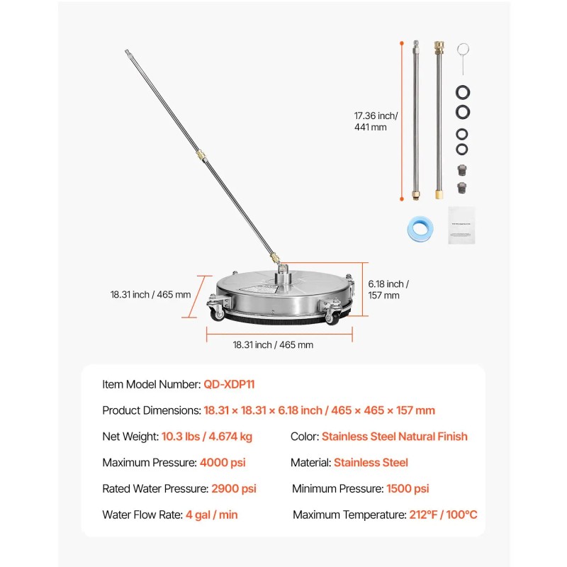 18\" Stainless Steel High Pressure Washer Attachments with 4 Quick