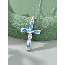 HPQQ Cross Necklace 925 Sterling Silver Turquoise Jesus Cross Pendant Jewelry Christmas Gifts for Women