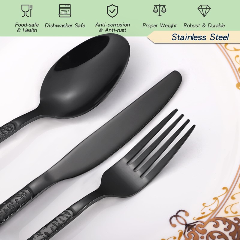 24 Pcs Black Hammered Silverware Set Service for 6,Stone Pattern