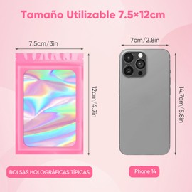 200pcs Bolsas Holográficas,Bolsas Resellables,Bolsas para Gomitas,Bolsas Hermeticas,Bolsitas,Bolsas Herméticas para Dulces,Apta para Alimentos, Joyas, Cosméticos, Accesorios (Rosa 7.5 * 12CM)