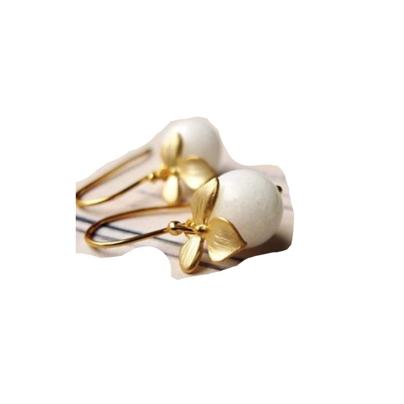 Gold-plated earrings with white jade pearl and flower/gift for her