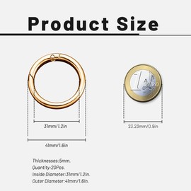 Zzcy Pack of 20 Carabiner Round 40 mm Large Carabiner Ring Round Carabiner Ring Gold Carabiner Hook Round Key Ring for Bag DIY Crafts Zinc Alloy (Wire Diameter 4.5 mm)
