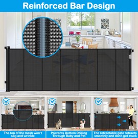 Reinforced 42" Tall X 120" Extra Wide Retractable Baby Gate Extra Long Baby Gates for Large Openings Prevent Kids and Pets from Jumping Over Retractable Pet Gate Reinforced Puppy Gates for Dogs, Black