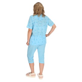 Schuerzenfabrik Women's Pyjamas, Short Sleeve Bottom, 3/4 Length, Cotton Blend, Machine Washable, Short Sleeve Knee-Length Pyjamas - Blue, XL