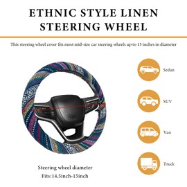 FSTURIOS Boho Steering Wheel Cover, 15 Inch Coarse Flax Cloth Ethnic Style Anti-Slip Car Wheel Wrap, Universal Breathable Bohemian Steering Wheel Protector for Cars Vans Trucks (B)