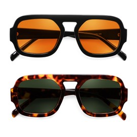 FEISEDY Sunglasses for Women Men, Trendy Square Sun Glasses Vintage 70s Flat Top Shades B4175, Yellow & Green, 50mm