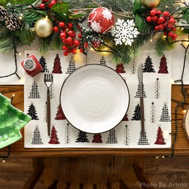Artoid Mode White Xmas Tree Christmas Placemats Set of 8, 12x18 Inch Winter Table Mats for Party Kitchen Dining Decoration