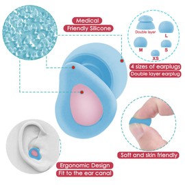 Sleeping noise-canceling earplugs, reusable hearing protection earplugs for swimming, sleeping, concerts, traveling, flying, suitable for children and adults.10 earplug heads (XS/S/M/L/D)-Blue+Pink