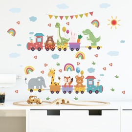 Anime Trolley Train Wall Stickers Kids Small Train Wallpaper Sticker Wall Stickers Animals Cute Elephant Tiger Lion Cute Animal Wall Sticker Decoration Wall Stickers Removable for Kindergarten Nursery