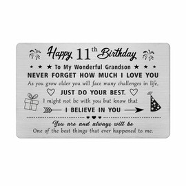 FALOGI Grandson 11th Birthday Card - Happy 11 Year Old Birthday Card for Grandson - Birthday Gifts for 11th Year Old Grandson, Metal Engraved Wallet Card