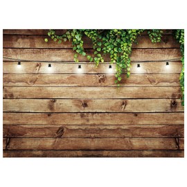 DHXXSC 10X8FT Wood Backdrops Green Plant Light String Retro Wood Backdrop Photography Studio Props Birthday Party Decoration Photo Background DH-263