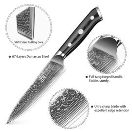 KEEMAKE Damascus Kitchen Utility Knife - 5 Inch Extra Sharp Multipurpose Kitchen Knife with 67-layer Damascus Steel VG-10 Blade and Ergonomic G10 Glass Fiber Handle