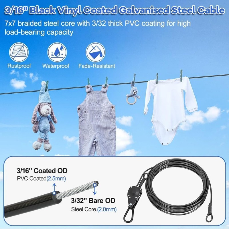 TooTaci 45ft Outdoor Clothesline Kit, 3/16" Black PVC Coated Wire