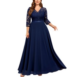Miusol Women's Formal Floral Lace V Neck Plus Size Bridesmaid Party Maxi Dress Navy Blue