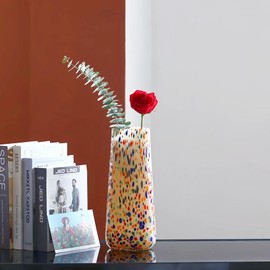 12" H Large Glass Vase,Art Flower Vases for Home Decor,3.97 lb Heavy Luxury vases,Noble Colored Wave Point Dot Hand Blown Vase,Tall Vases for Flower