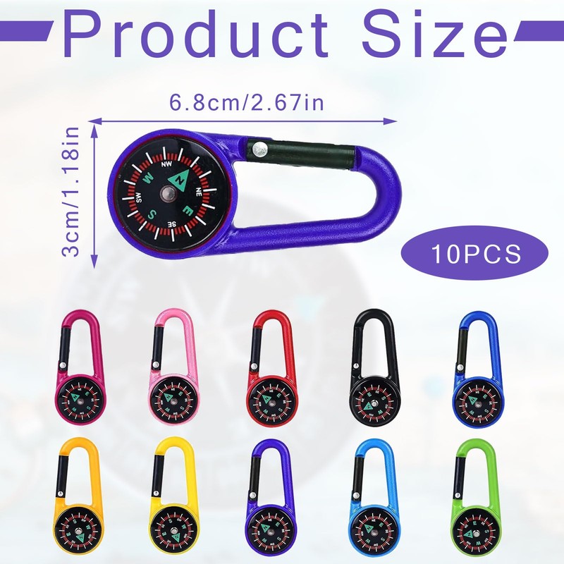 Pack of 10 Compass Keyrings, Mini Compass, Multifunctional Portable with