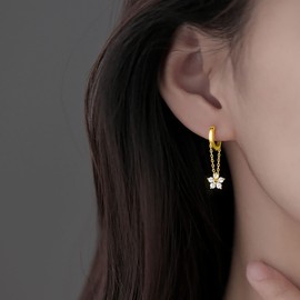 SLUYNZ Sterling Silver CZ Flower Hoop Earrings Chain for Women Flower Hoop Earrings Hanging Earrings, Sterling Silver