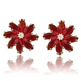Crystal Flower Burst Stud Earirings - 14k Gold Plated Red Ruby CZ Cubic Zirconia Rhinestone Daisy Floral Cluster Earring Bridal Wedding Costume Jewelry for Bride Bridesmaids Birthstone Birthday Gift