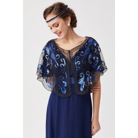 BABEYOND - Chal de lentejuelas con abalorio de lentejuelas para la noche, chal de novia de los años 20, Negro Azul, Talla única
