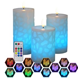 AVEKI Flickering Flameless Candles, 4" 5" 6" Set of 3 Color Changing Battery Operated Candles with Remote & Timer, LED Fake Pillar Candle for Party Wedding Home Decor Holiday Decor (Water Cube)