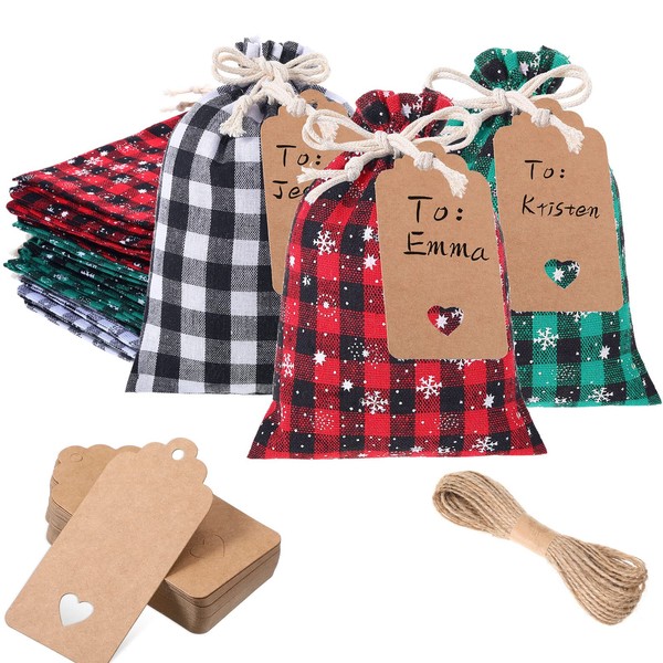Shappy 24 Pcs Christmas Drawstring Bags Xmas Buffalo Plaid Burlap Candy Bags Linen Treat Bags with 3.28 ft Rope 24 Card (Mixed Colors, 5.5 x 4 Inches)