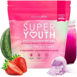 SkinnyFit SkinnyFit Super Youth Strawberry Watermelon Multi-Collagen Peptides + Probiotics, Baobab Fiber, Apple Cider Vinegar, Hyaluronic Acid, & Vitamin C, Skin, Hair, Joint & Metabolism Support, 30 Servings