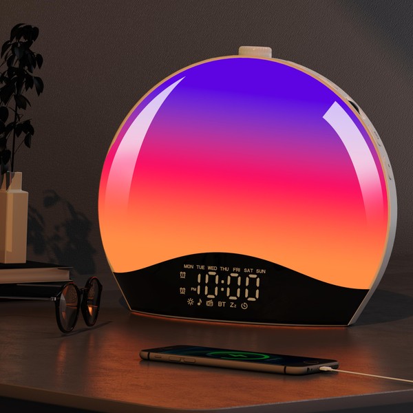 Sunrise Alarm Clock Wake Up Light, Kids Hatch Alarm Clock, Bluetooth White Noise Machine with 22 Soothing Sounds, 17 Color Night Lights, Sunrise Simulation, Dual Alarms, FM Radio, Snooze, Ideal Gift