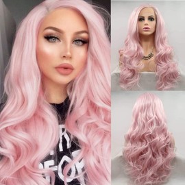Angle Lucky Pink Lace Front Wig for Women Long Wavy Light Pink Free Part Glueless Wig Synthetic Pre Plucked Replacement Hair Wig Heat Resistant Fiber Cosplay Makeup Drag Queen Wigs