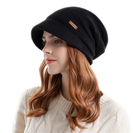 Enwokran Women Winter Knit Visor Hat Fleece Lined Warm Pullover Beret Hat, Newsboy Cap with Brim Cloche Ear Protection Hat for Women (Black)
