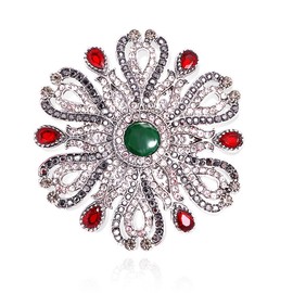Rhinestone Baroque Flower Brooch Pin for Women Girls Fashion Red Green Crystal Big Snowflake Brooch Lapel Pins Elegant Pendant Dress Accessories Jewelry Boutonniere Corsage Gift Anniversary (Silver)