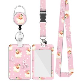 Christmas Badge Holder Retractable Clip with Lanyard Santa Xmas Tree Badge Reel Pink Vertical ID Card Protector Keychain for Nurse Teacher Students The Office Woman Men