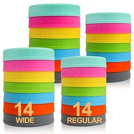 [ 28 Pack ] Plastic Mason Jar Lids Fits Ball, Kerr & More - 14 Wide Mouth & 14 Regular Mouth - Colored Storage Caps for Canning Jars - Anti-Scratch Resistant Surface