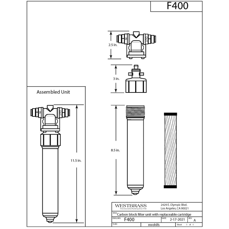 Westbrass F400 Under Sink In-Line Water Filter Unit and Cartridge
