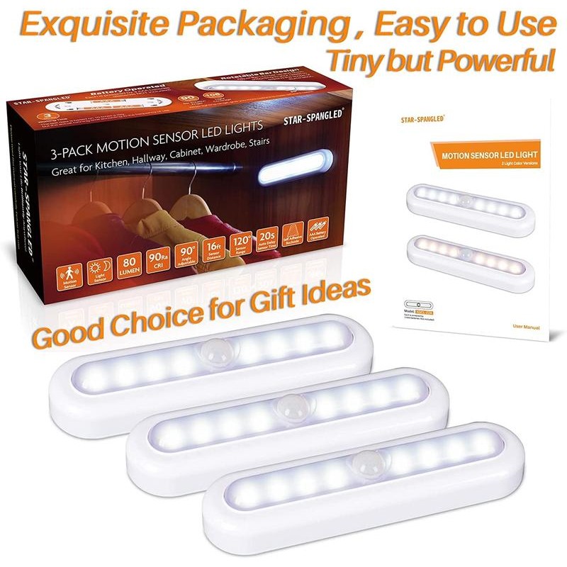 3 Pack 7” Motion Sensor Lights Indoor Battery Operated, Stick