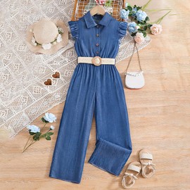 Asbabiy Girls' Casual Denim Overall Jumpsuits Ruffle Sleeveless Collared Neck One Piece Rompers with Belt 7-8 Years