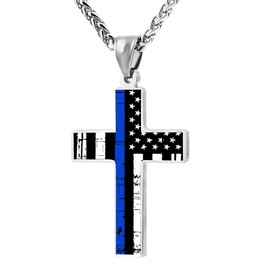 JUHIOPOI American Flag Blue Line Cross Pendant Necklace For Mens Women Jewelry Religious Pendant Chain Necklace