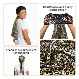 Wrap Cap Hair Net And Scarf, 2 In 1 Heatless Silk Press Wrap, Adjustable Silk Shower Cap For Sleeping, Hair Wraps Net For Women Black Hair Care, Wraps Cap Bonnet Attached,Durag (Leopard CAP)