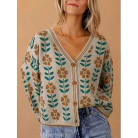 Saodimallsu Womens Floral Print V Neck Cardigan Open Front Button Down Knit Sweater Long Sleeve Loose Fashion Tops Apricot