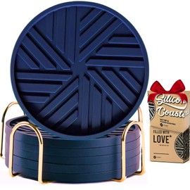 Angardy Homeware Coasters Set of 6 - Non-Slip Table Coasters for Drinks, Mugs, Glasses, Cups, Bottles - Round Pads with Stylish Groove Patterns & Gold Holder Stand - 4", 0.23" (Navy Blue)