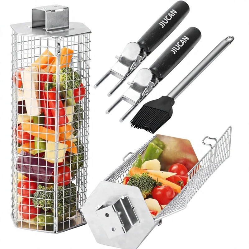 2-Piece Stainless Steel Grill Baskets Set with Removable Wooden Handles