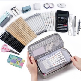 WEMATE Large Pencil Case Aesthetic, Big Capacity Canvas Pouch with Zipper, Marker Pen Case for Women & Men, Portable Stationery Pencil Bag for Office, Light Grey